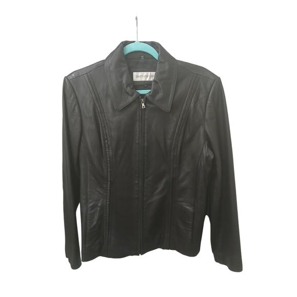 Jones New York Black Genuine  Leather Jacket Zipper Front Lined Pockets M - Picture 1 of 12